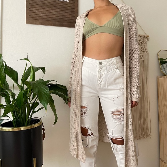 Beige Long Knit Cardigan Boho Tan Crochet Duster - Picture 1 of 6